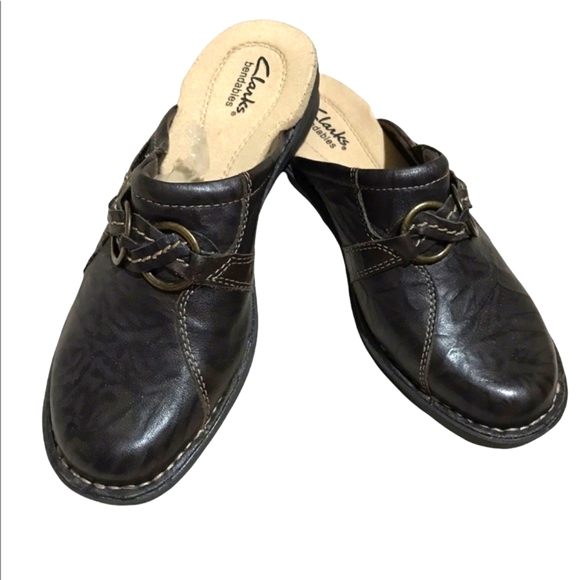 Clarks Bendables Dark Brown Leather Clogs Shoes - Picture 6 of 7